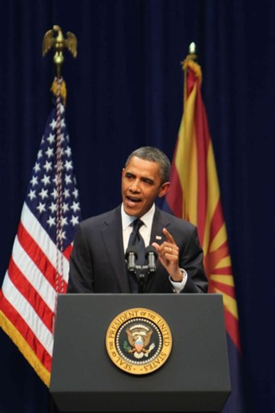 President Barack Obama speaks at a memorial service for the victims of Saturday's shootings at the University of Arizona campus on Wednesday.